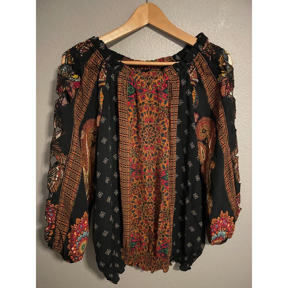 Desigual Blouse Womens XS Black Multicolor Boho Peasant Cutout Sleeves 19WWBW23